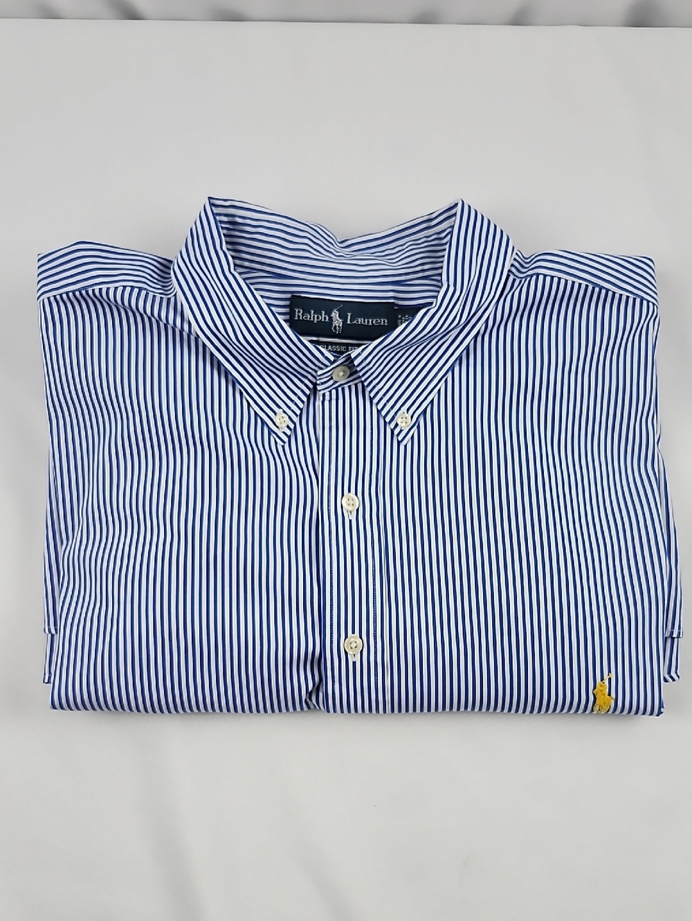 Ralph Lauren Classic Fit Blue White Striped Long Sleeve Shirt 3XB Yellow Pony